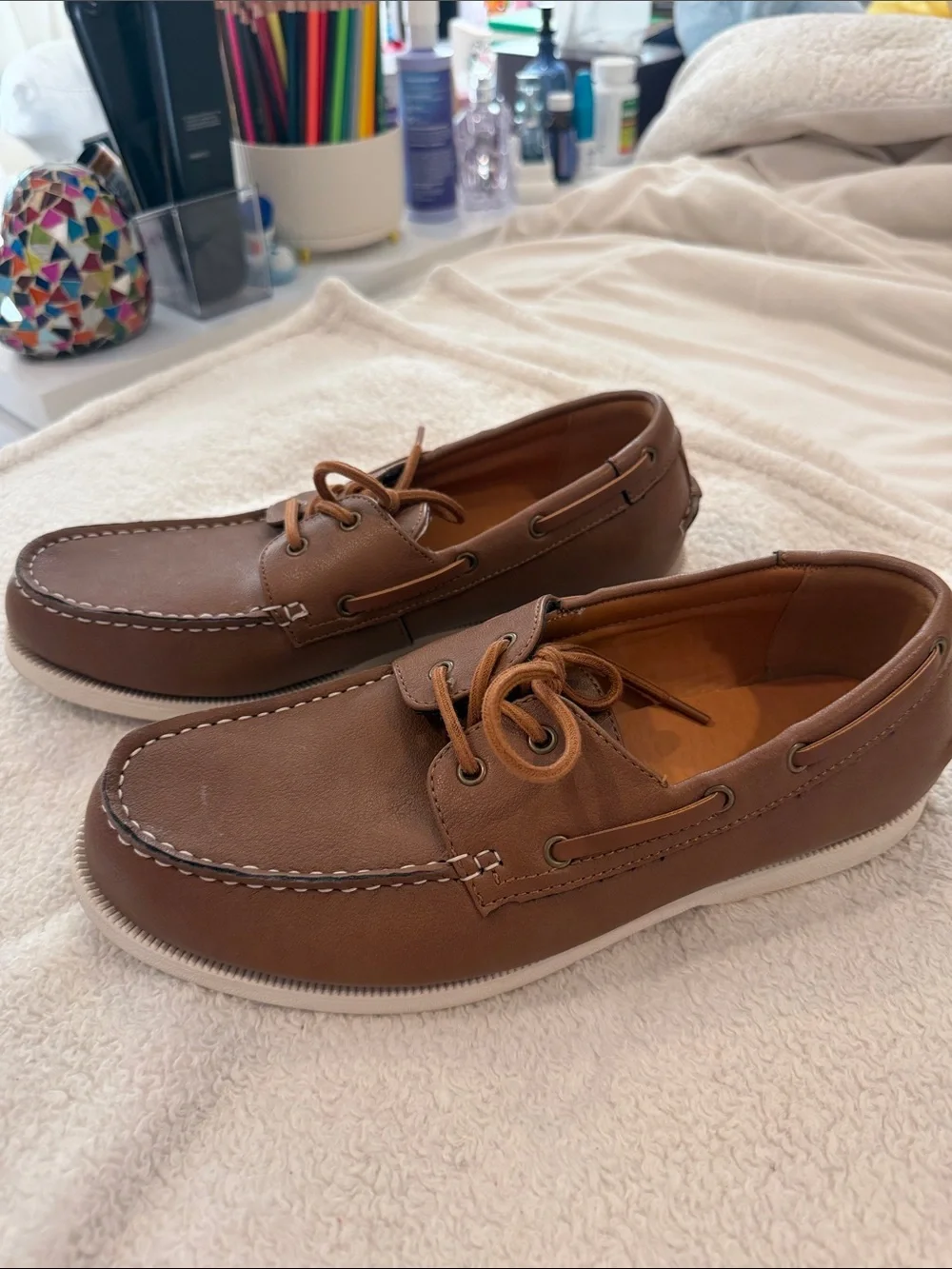 Club Room Brown Leather Boat Shoes with Contrast Stitching